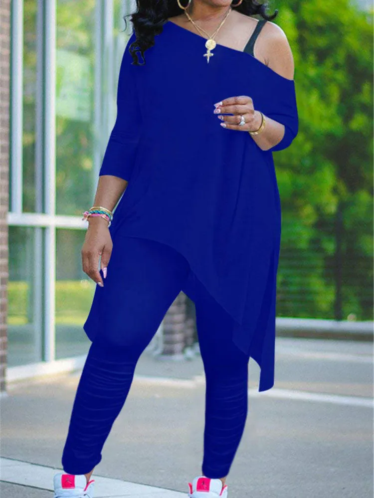 Plus Size Two Piece One Shoulder Tops  Pants