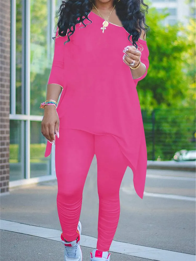 Plus Size Two Piece One Shoulder Tops  Pants