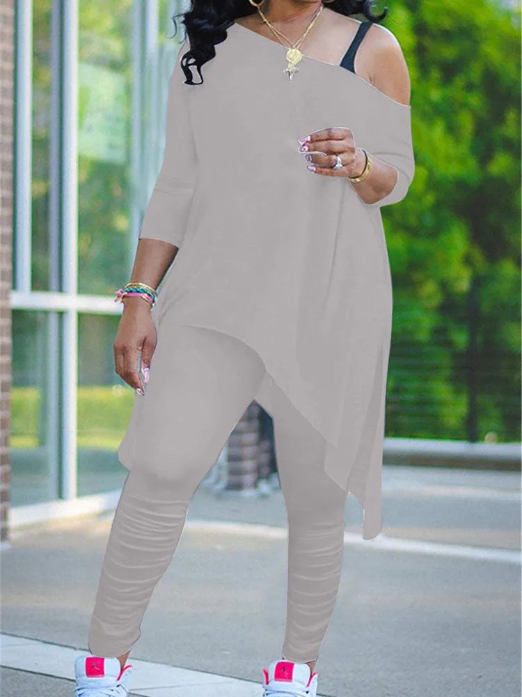 Plus Size Two Piece One Shoulder Tops  Pants