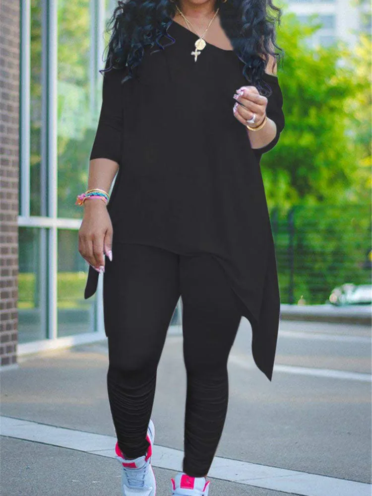 Plus Size Two Piece One Shoulder Tops  Pants