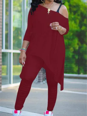 Plus Size Two Piece One Shoulder Tops  Pants
