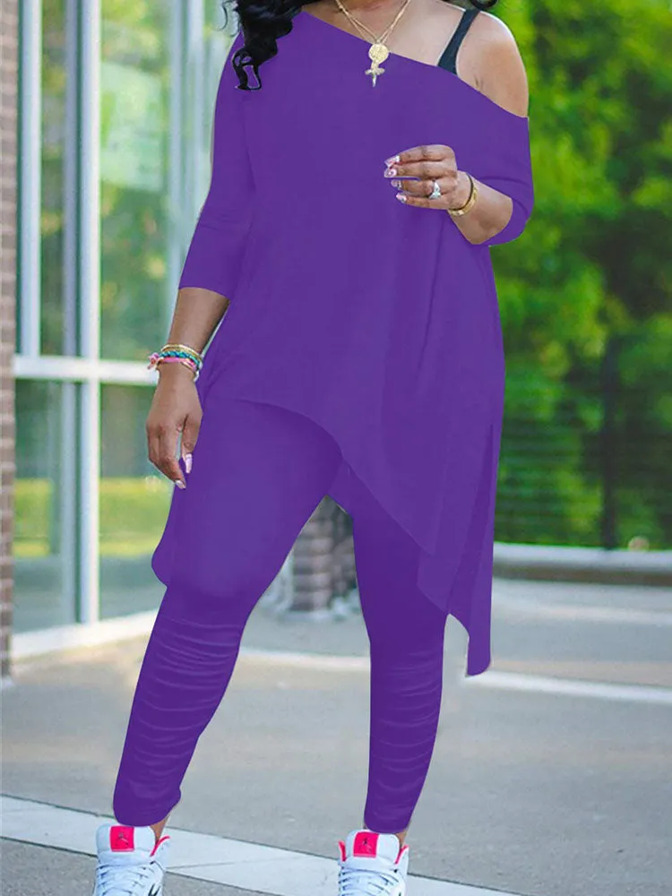 Plus Size Two Piece One Shoulder Tops  Pants