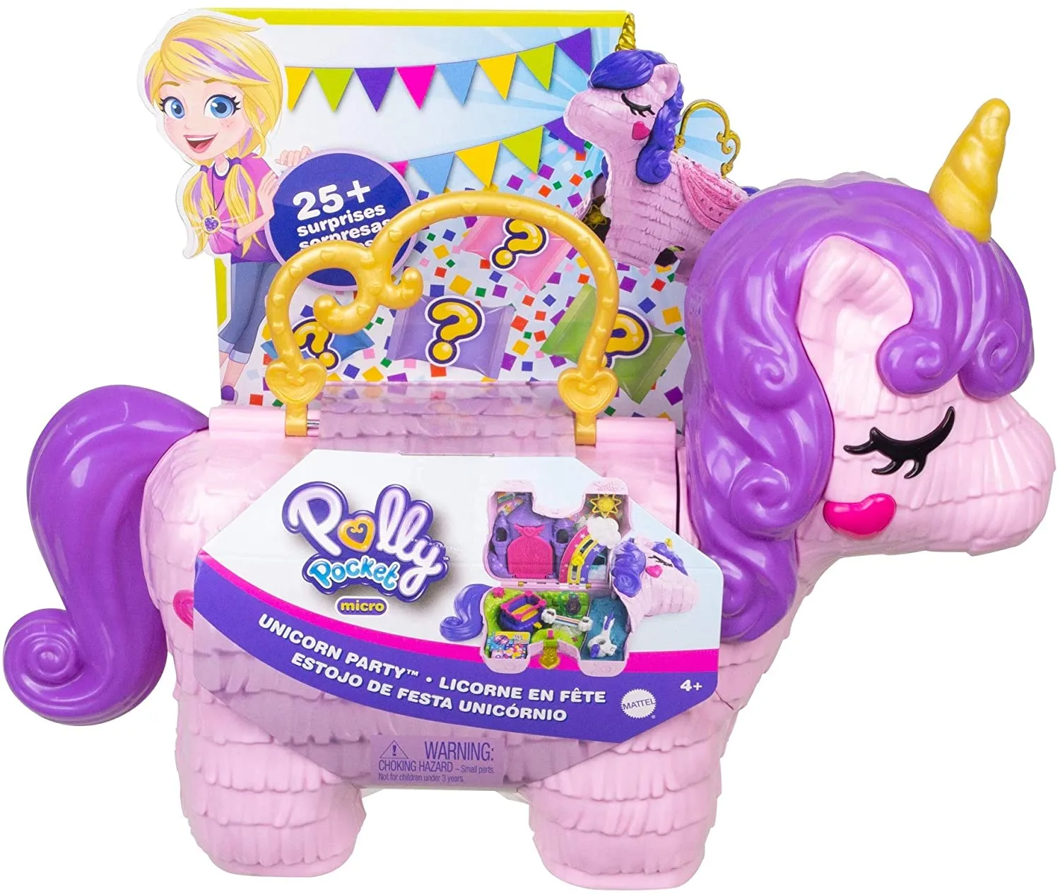 Polly Pocket Unicorn Party Large Compact Playset with Micro Polly & Lila Dolls, 25  Surprises