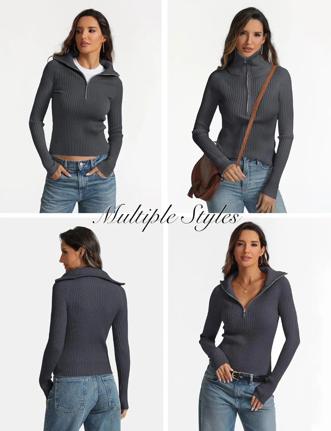 Prettywear 2024 Women's Half Zip Pullover Sweaters V Neck Collared Long Sleeve Ribbed Knit Fall Tops Dressy Casual