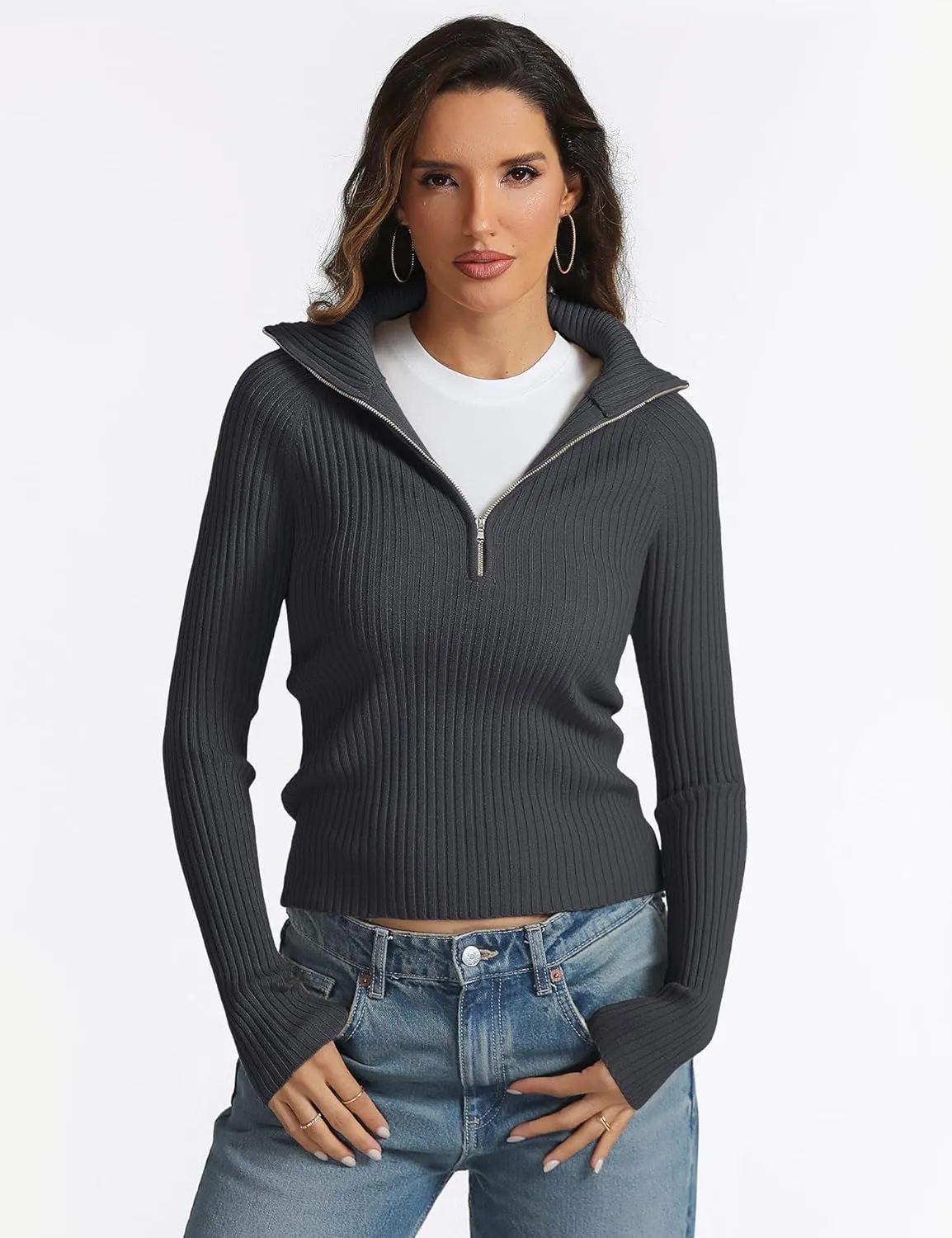 Prettywear 2024 Women's Half Zip Pullover Sweaters V Neck Collared Long Sleeve Ribbed Knit Fall Tops Dressy Casual