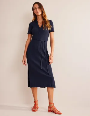 Ribbed-Jersey Midi Shirt Dress-Navy
