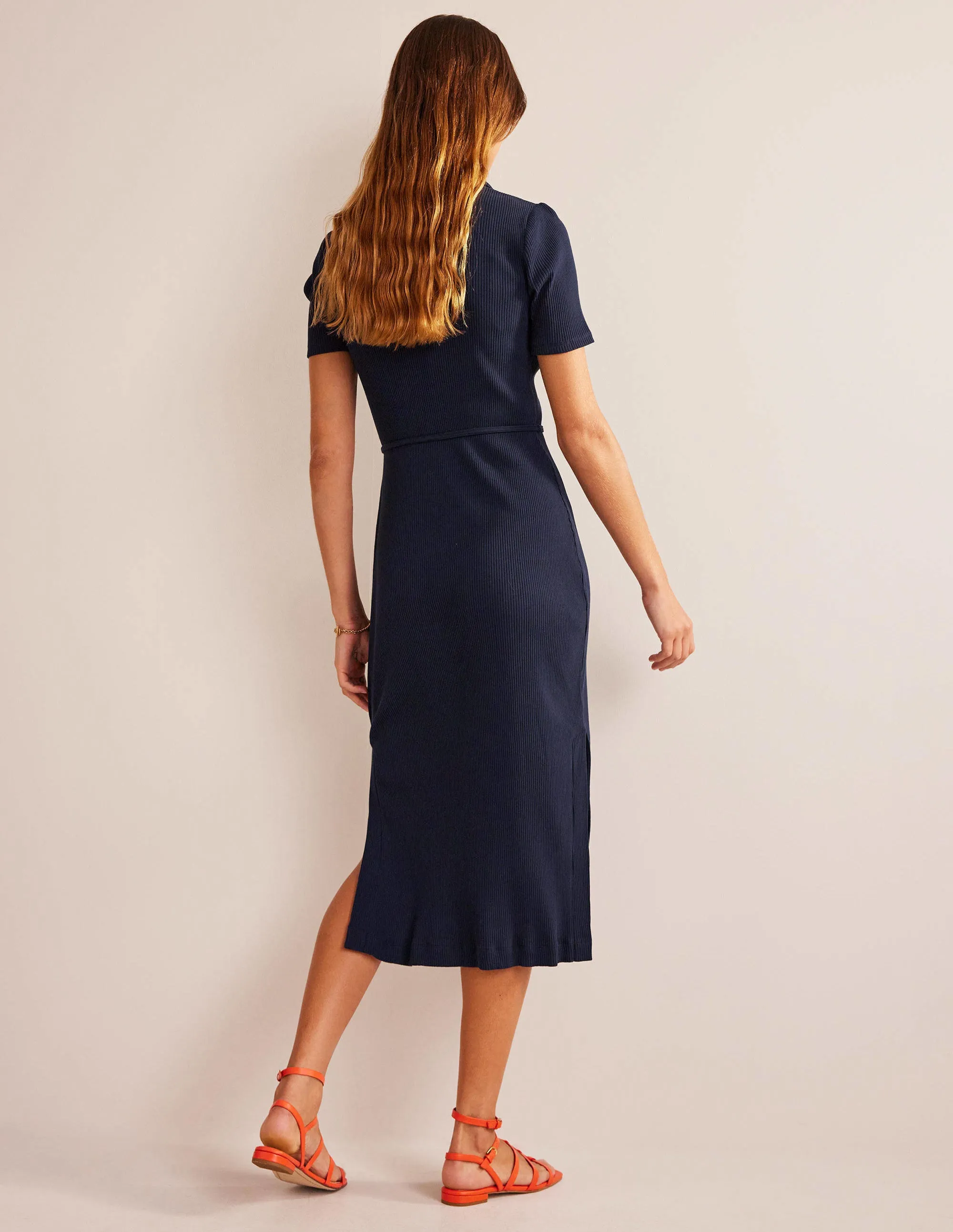Ribbed-Jersey Midi Shirt Dress-Navy