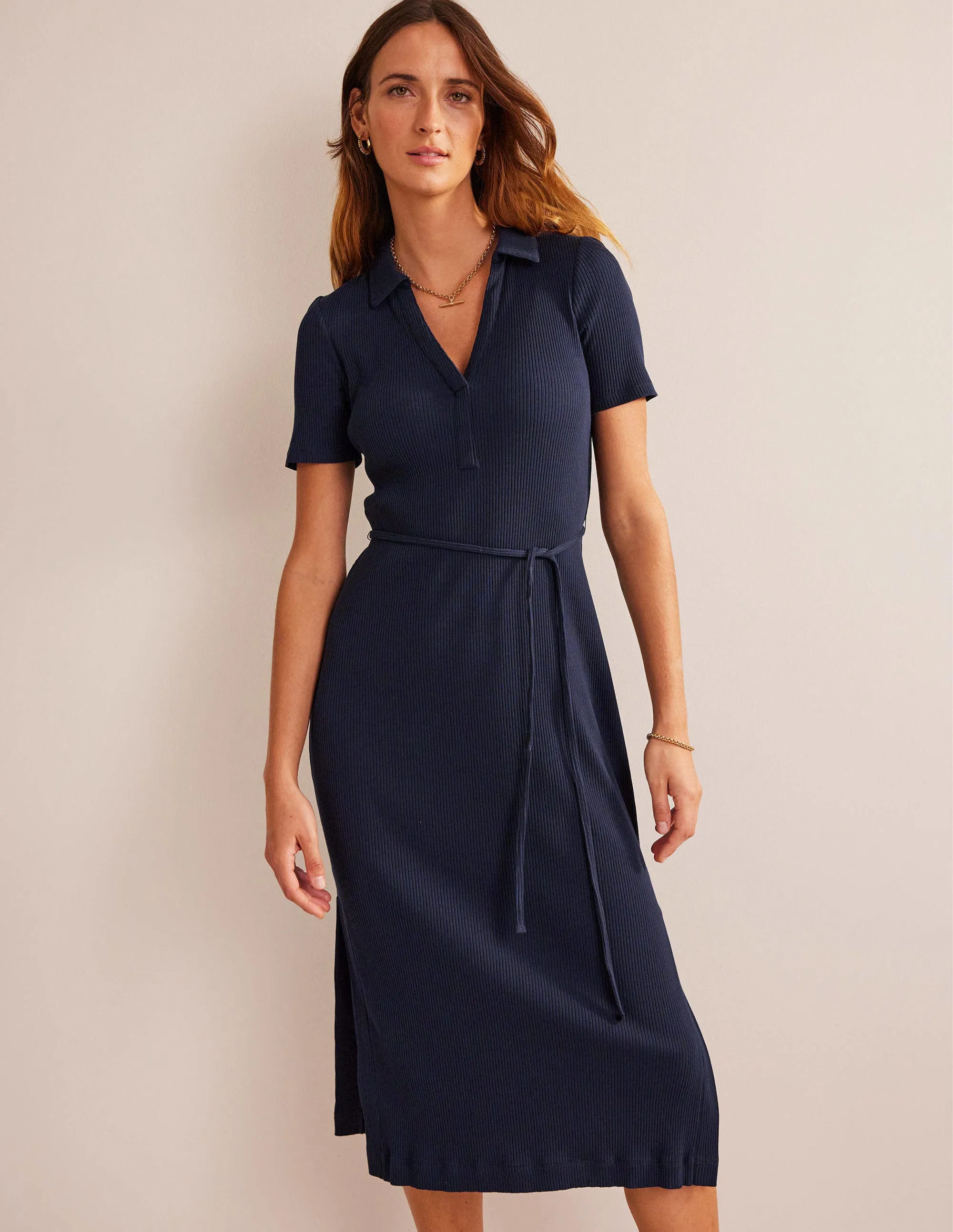 Ribbed-Jersey Midi Shirt Dress-Navy