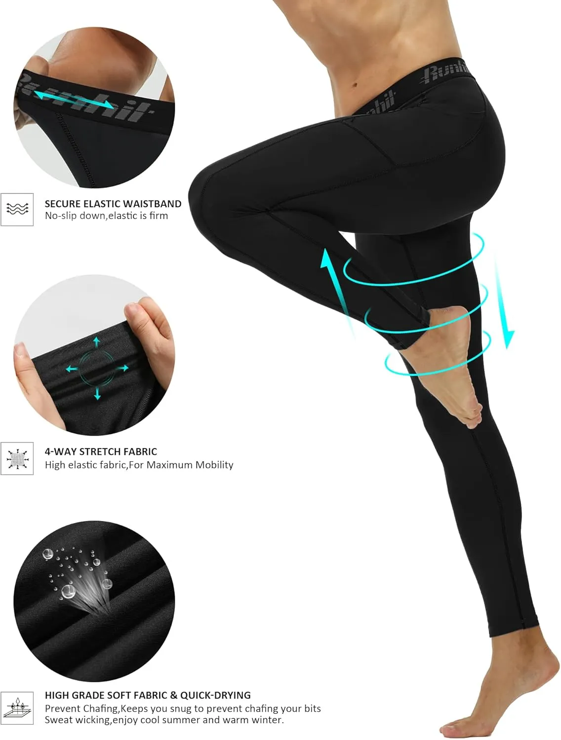 Runhit Mens Compression Pants Running Tights Pockets Sports Leggings Spandex Workout Cycling Athletic Thermal