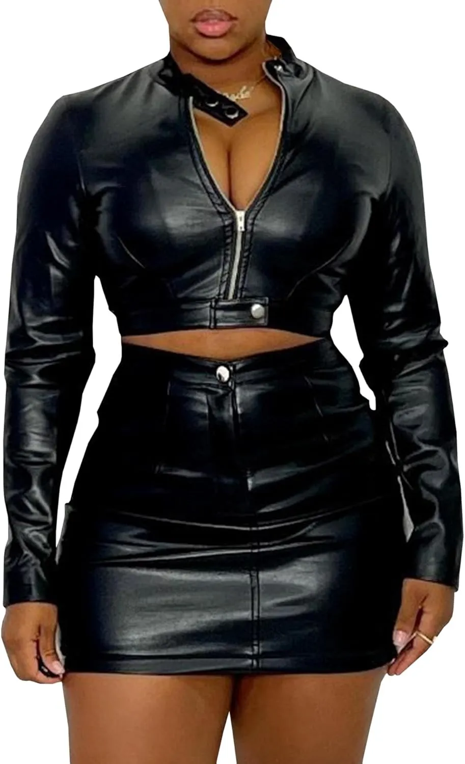 SEMATOMALA Women's Faux Leather Cropped Zip Up Jacket and Bodycon Mini Skirt Outfits 2pcs PU Matching Sets
