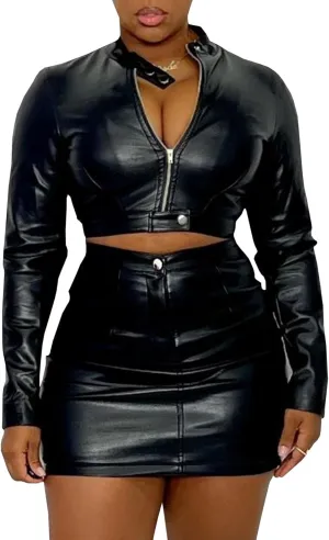 SEMATOMALA Women's Faux Leather Cropped Zip Up Jacket and Bodycon Mini Skirt Outfits 2pcs PU Matching Sets