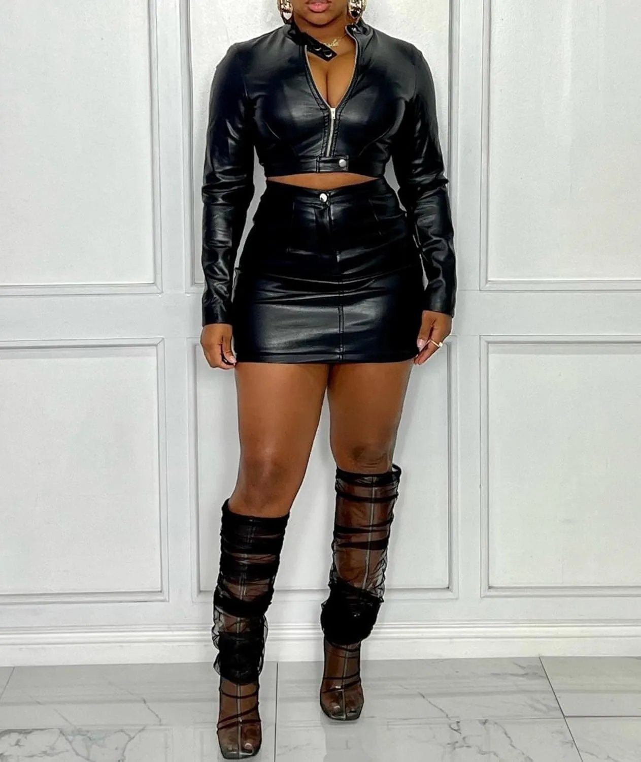SEMATOMALA Women's Faux Leather Cropped Zip Up Jacket and Bodycon Mini Skirt Outfits 2pcs PU Matching Sets