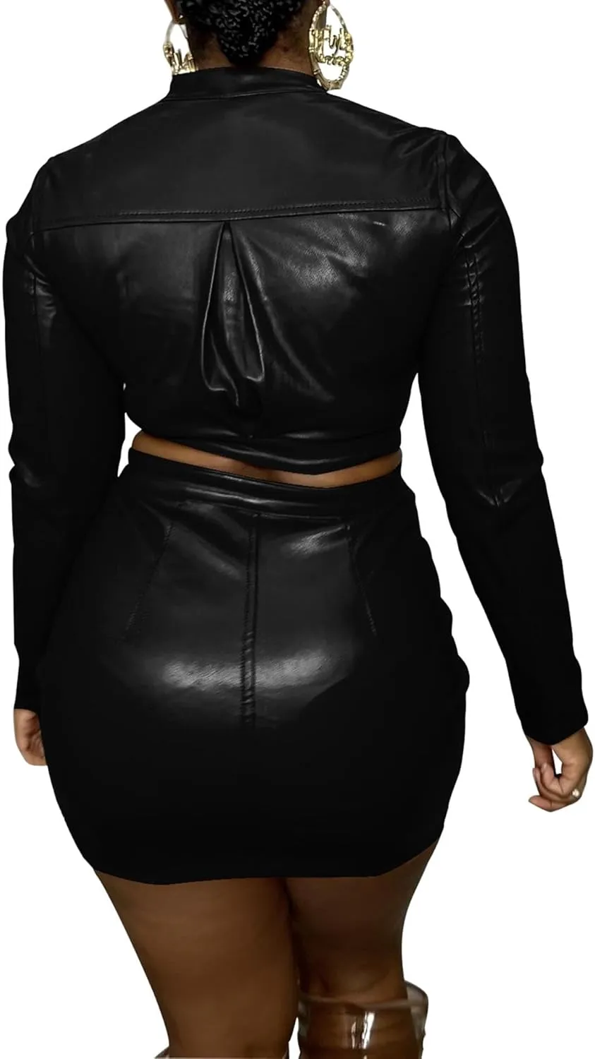 SEMATOMALA Women's Faux Leather Cropped Zip Up Jacket and Bodycon Mini Skirt Outfits 2pcs PU Matching Sets