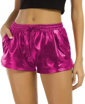Tandisk Women's Yoga Hot Shorts Shiny Metallic Pants with Elastic Drawstring Rose Red L
