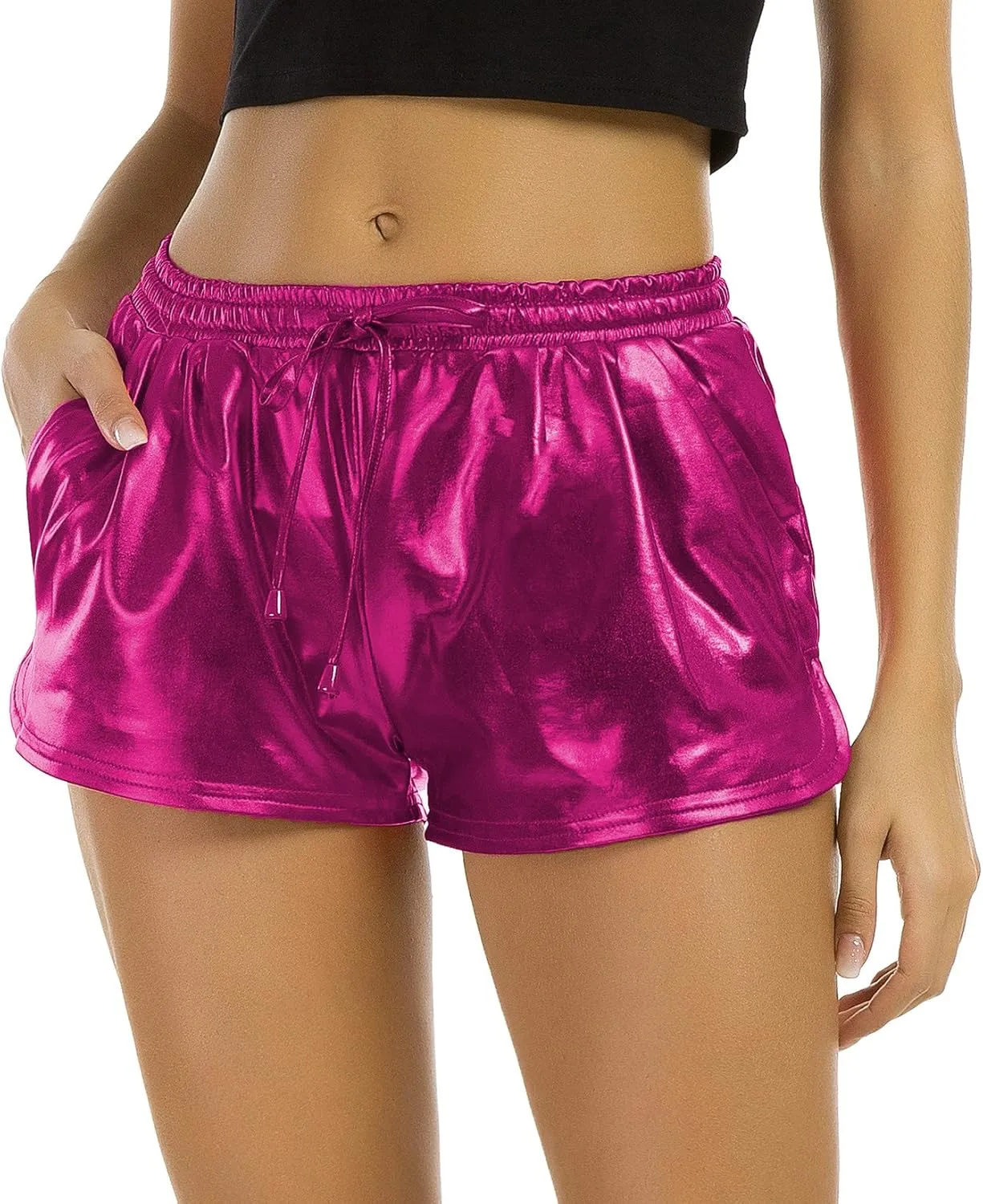 Tandisk Women's Yoga Hot Shorts Shiny Metallic Pants with Elastic Drawstring Rose Red L