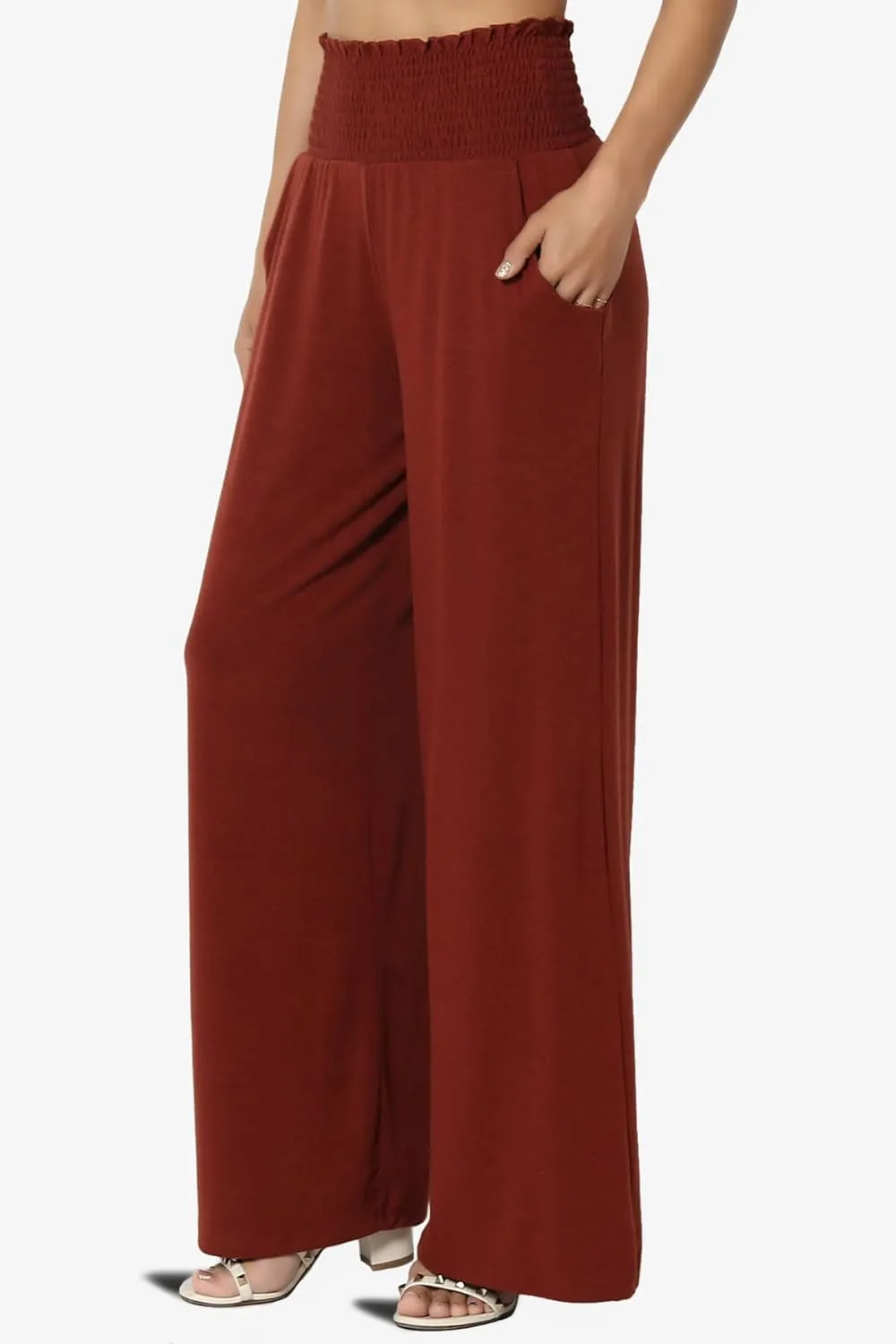 TheMogan Women's Smocked Ruffle High Waist Wide Leg Pants Casual Loose Yoga Lounge Pajama