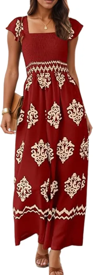 TIAFORD Womens Boho Jumpsuits Retro Print Cap Ruffle Sleeve High Waist Wide Leg Long Pant with Pockets