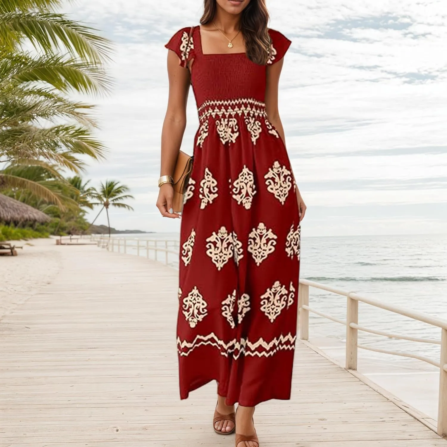 TIAFORD Womens Boho Jumpsuits Retro Print Cap Ruffle Sleeve High Waist Wide Leg Long Pant with Pockets