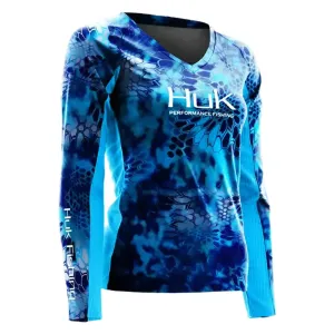 V Neck Ladies Long Sleeve Fishing Shirt - Blue/Light Blue