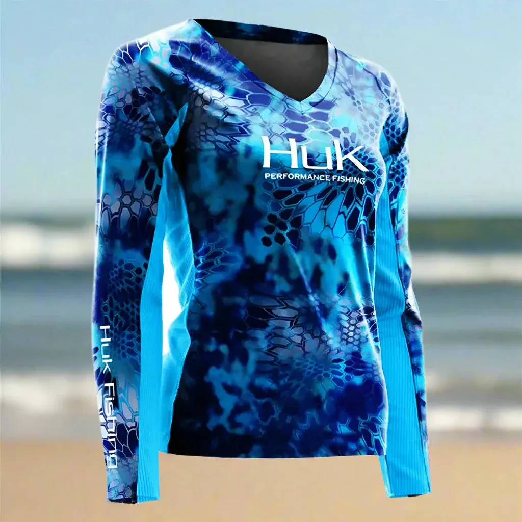V Neck Ladies Long Sleeve Fishing Shirt - Blue/Light Blue