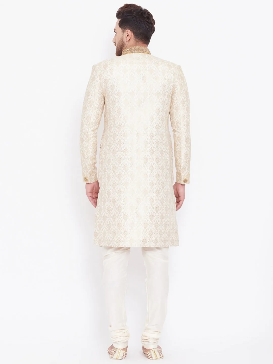 Vastramay Beige & Gold Brocade Sherwani Set