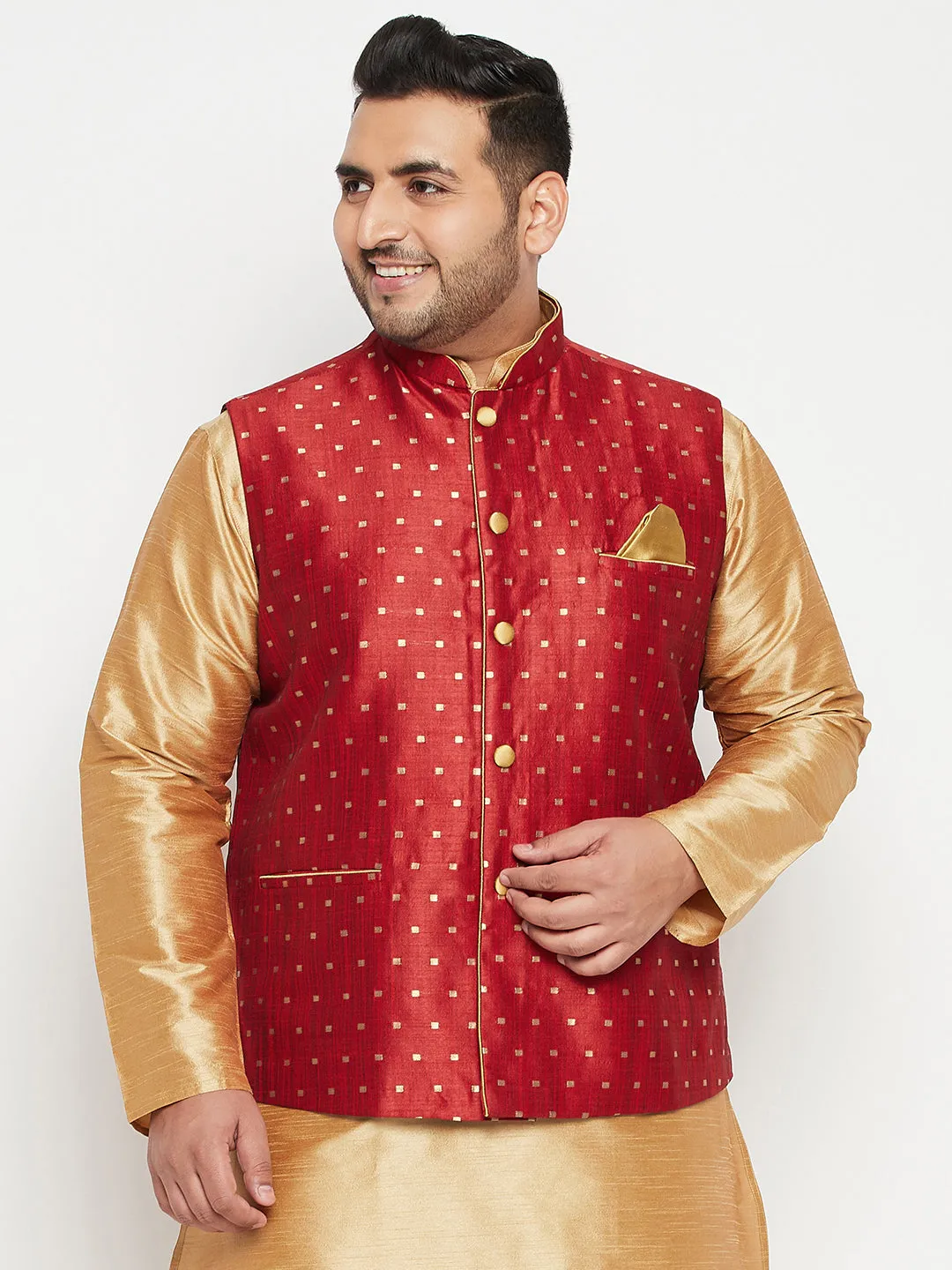 VASTRAMAY Maroon Zari Weaved Nehru Jacket