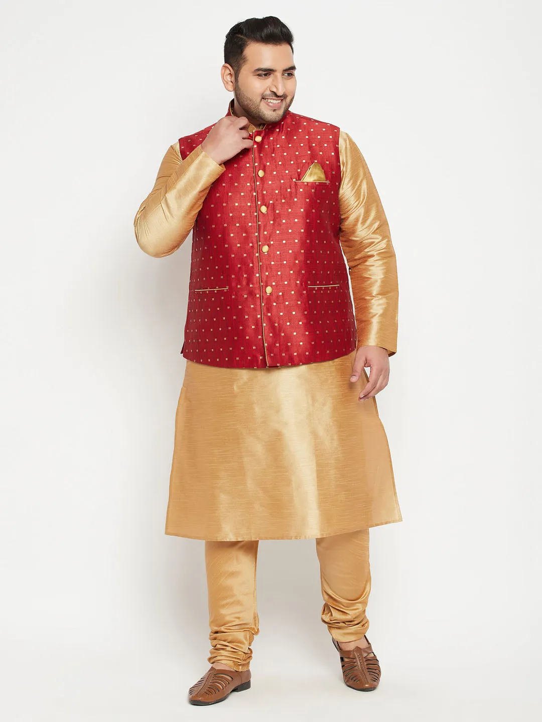 VASTRAMAY Maroon Zari Weaved Nehru Jacket