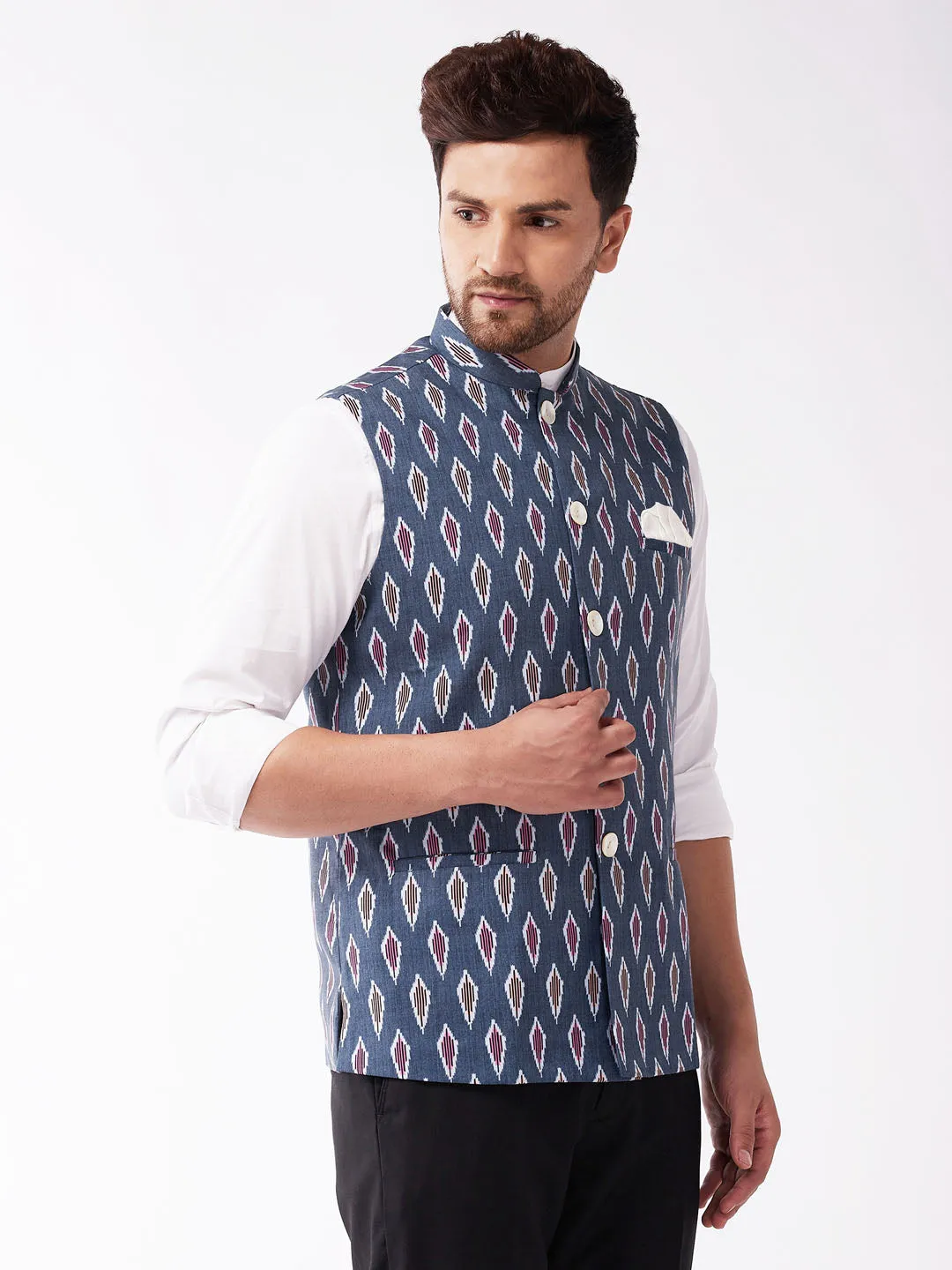 VASTRAMAY Men's Ikkat Design Nehru Jacket