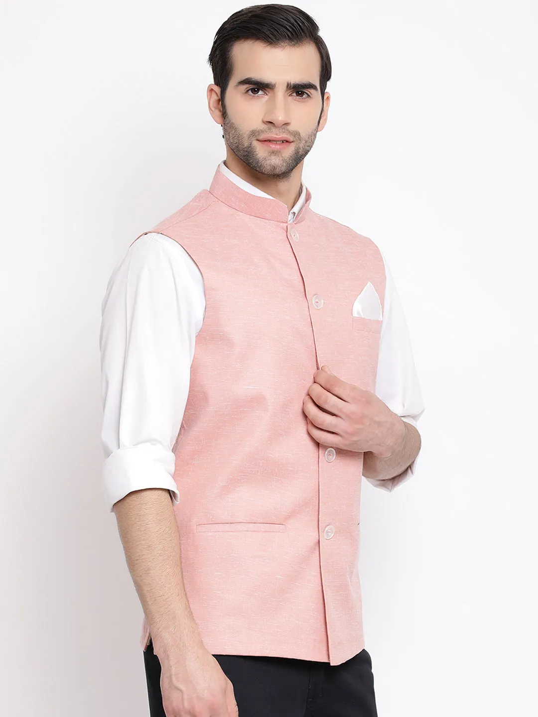 VASTRAMAY Men's Peach Nehru Jacket