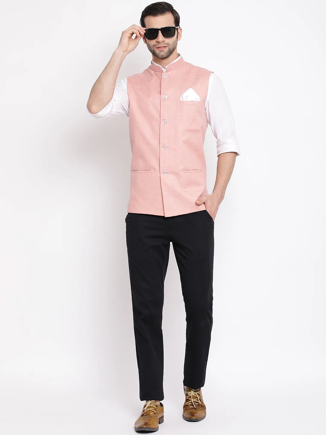 VASTRAMAY Men's Peach Nehru Jacket