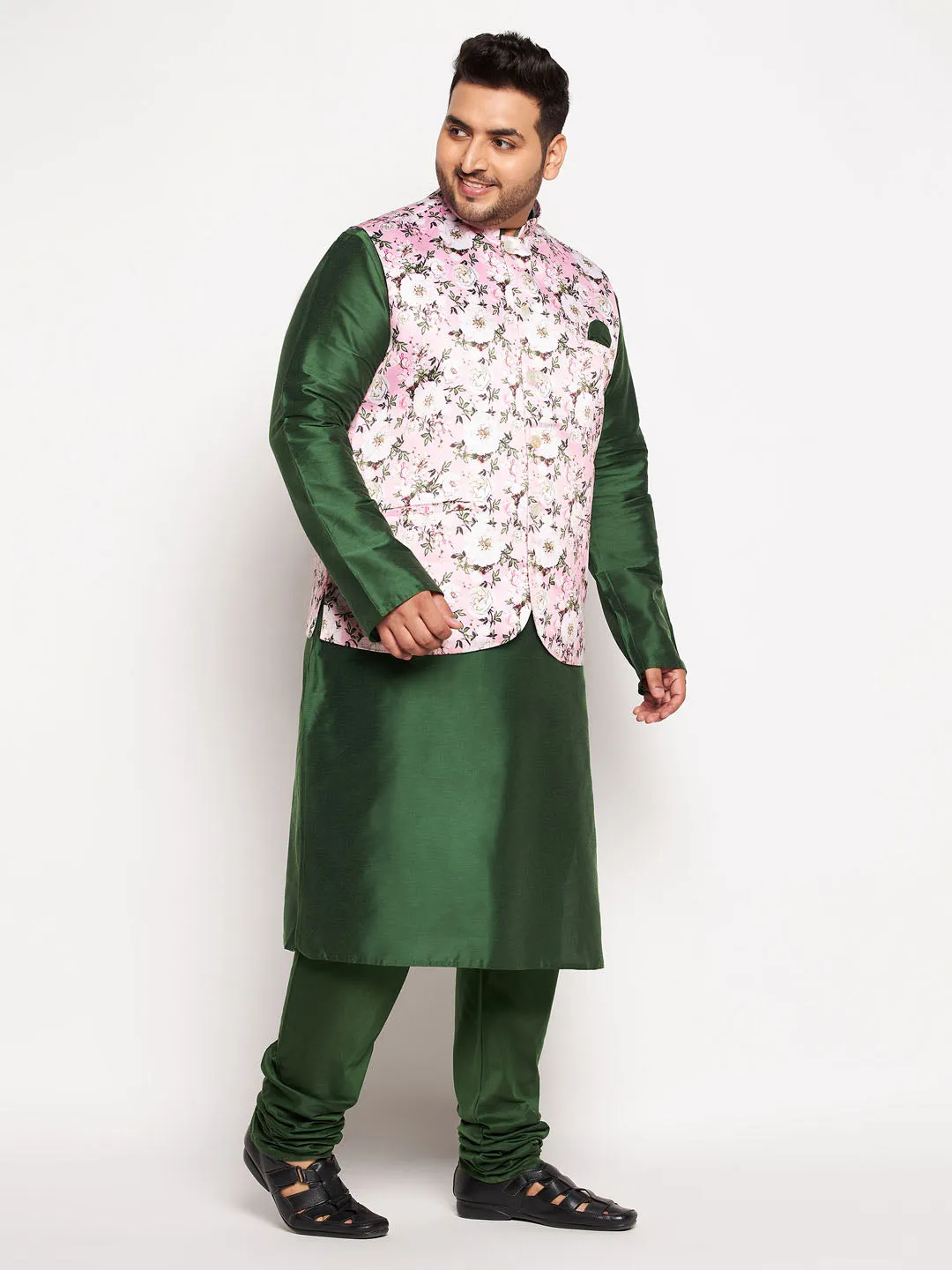 VASTRAMAY Men's Pink Floral Jacket Kurta Set