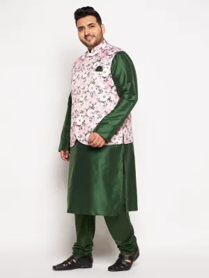 VASTRAMAY Men's Pink Floral Jacket Kurta Set
