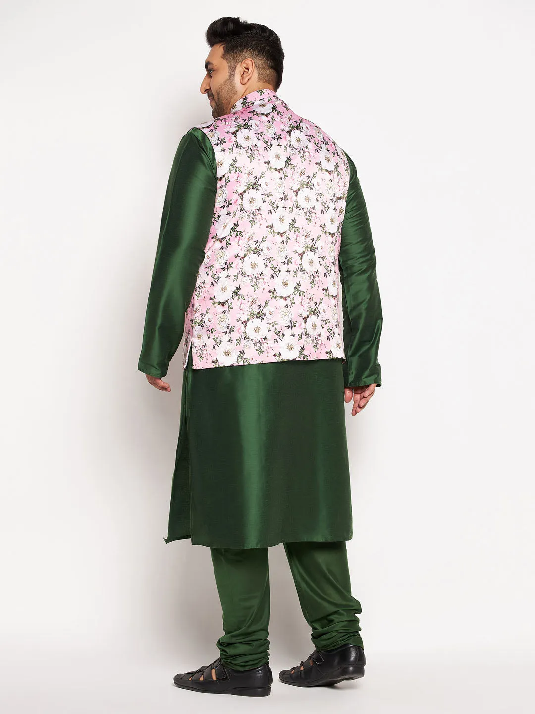 VASTRAMAY Men's Pink Floral Jacket Kurta Set