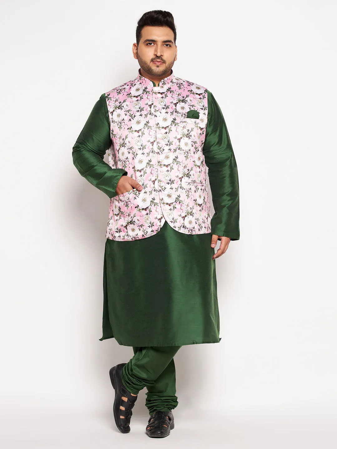 VASTRAMAY Men's Pink Floral Jacket Kurta Set