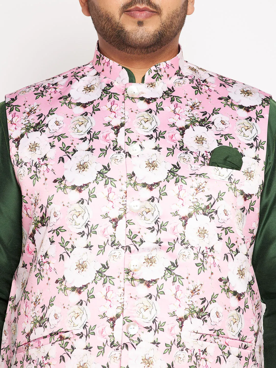 VASTRAMAY Men's Pink Floral Jacket Kurta Set
