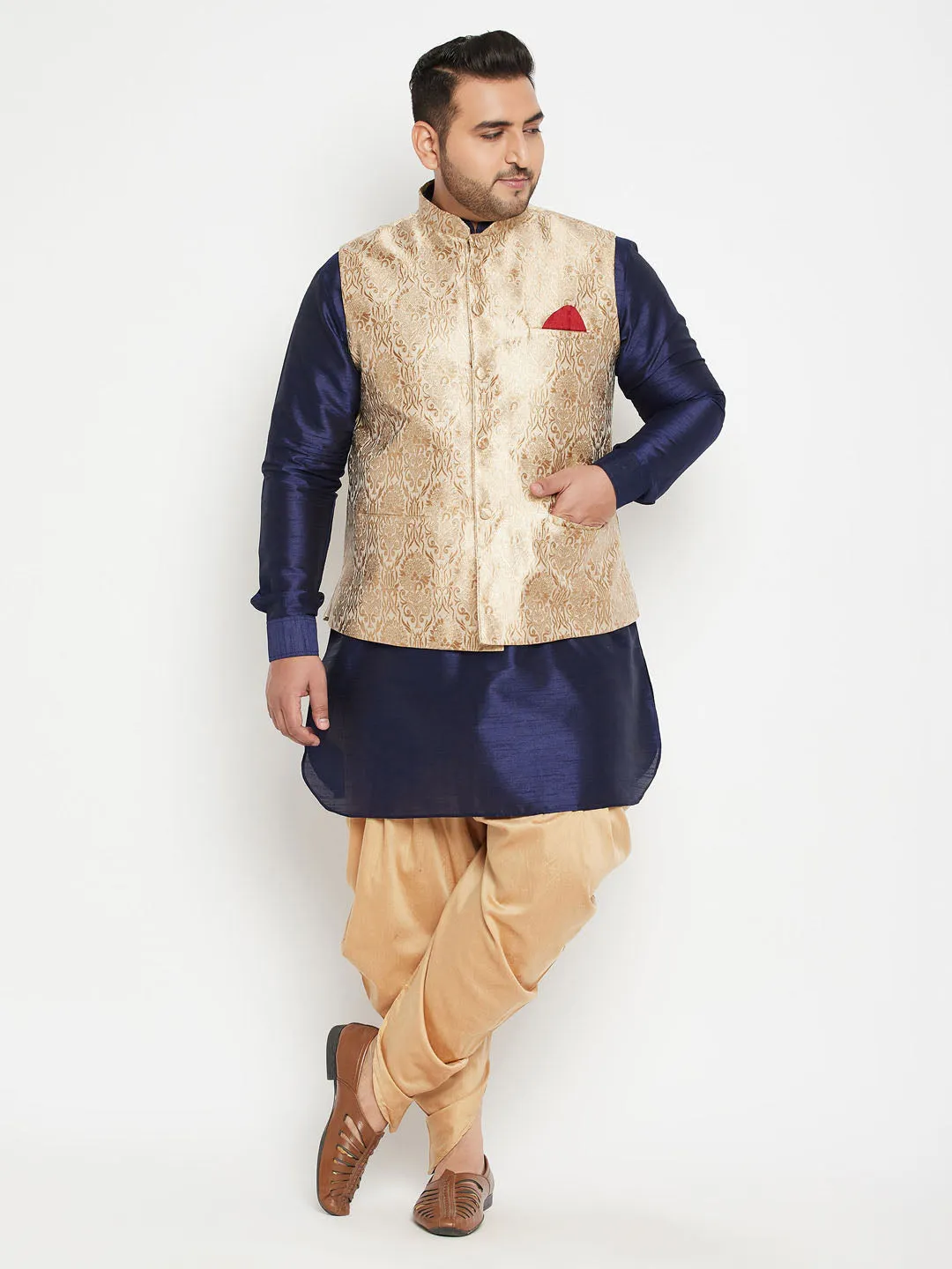 VASTRAMAY Men's Rose Gold and Navy Blue Silk Set