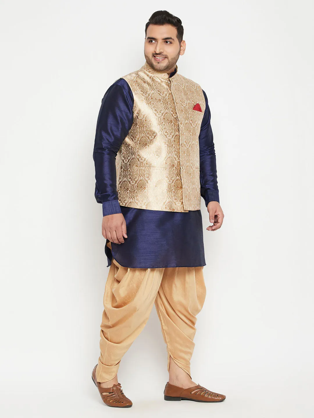 VASTRAMAY Men's Rose Gold and Navy Blue Silk Set