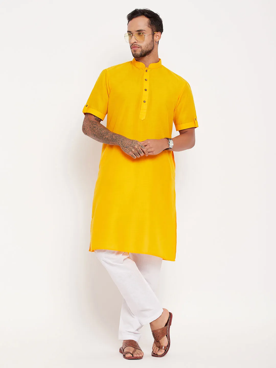 VASTRAMAY Mustard Kurta with White Pyjama