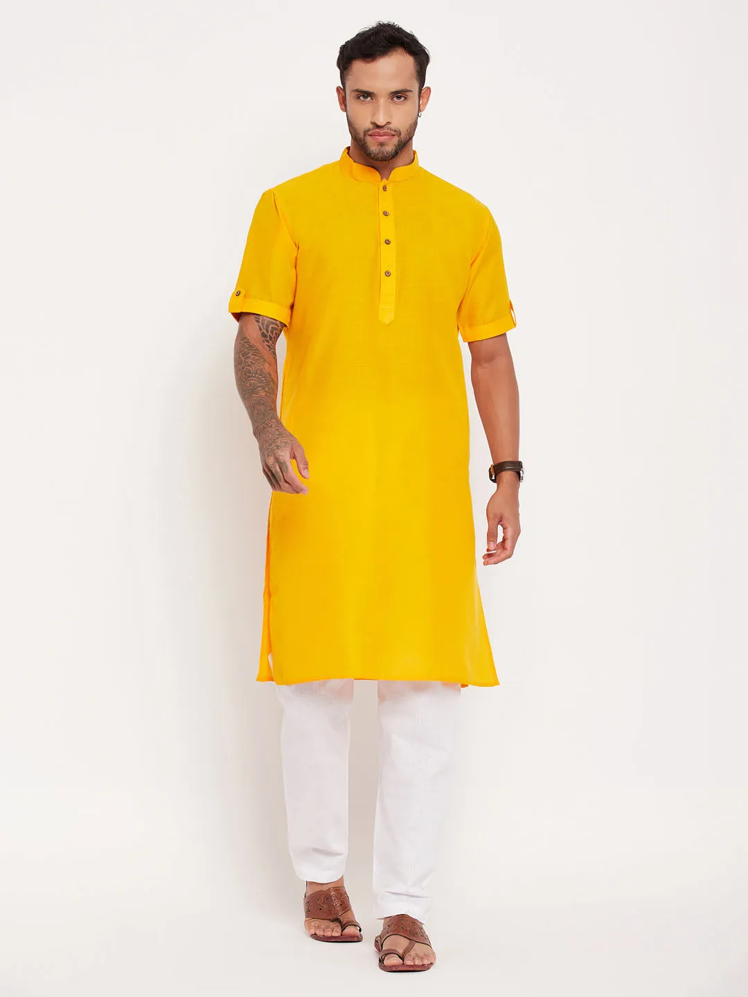 VASTRAMAY Mustard Kurta with White Pyjama