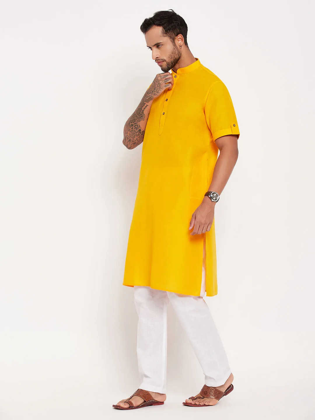 VASTRAMAY Mustard Kurta with White Pyjama