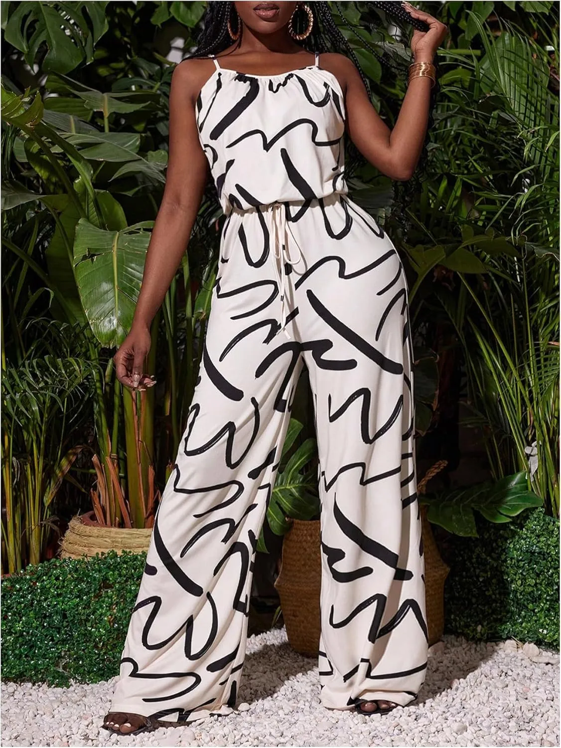 WDIRARA Women's Graphic Print Tie Front Spaghetti Strap Wide Leg Cami Jumpsuit Pants