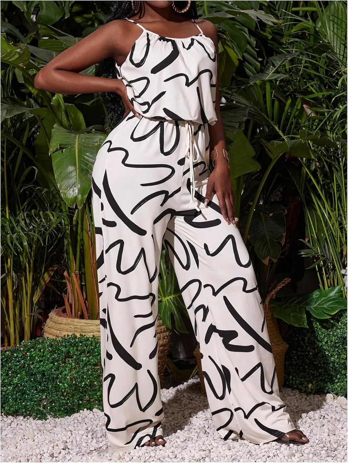 WDIRARA Women's Graphic Print Tie Front Spaghetti Strap Wide Leg Cami Jumpsuit Pants