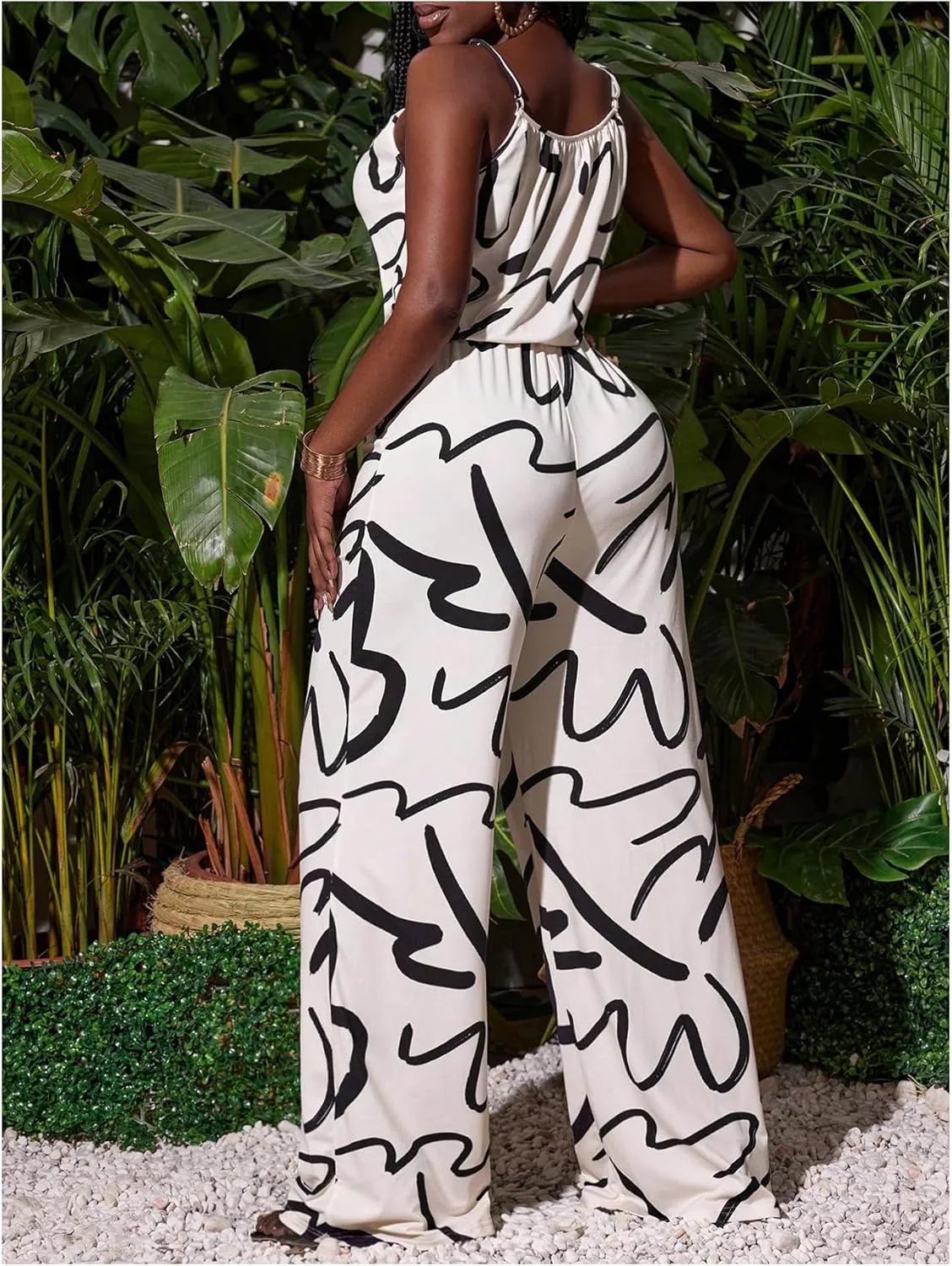 WDIRARA Women's Graphic Print Tie Front Spaghetti Strap Wide Leg Cami Jumpsuit Pants