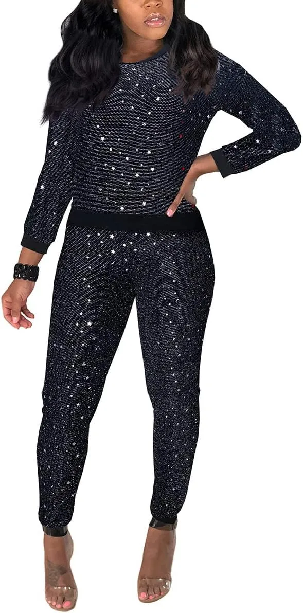 WOKANSE Women's Sequin Glitter Long Sleeve Sweatshirts and Skinny Long Pants Two Piece Outfits