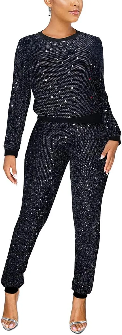 WOKANSE Women's Sequin Glitter Long Sleeve Sweatshirts and Skinny Long Pants Two Piece Outfits