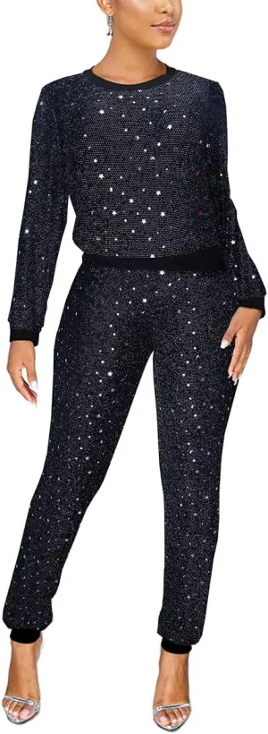 WOKANSE Women's Sequin Glitter Long Sleeve Sweatshirts and Skinny Long Pants Two Piece Outfits