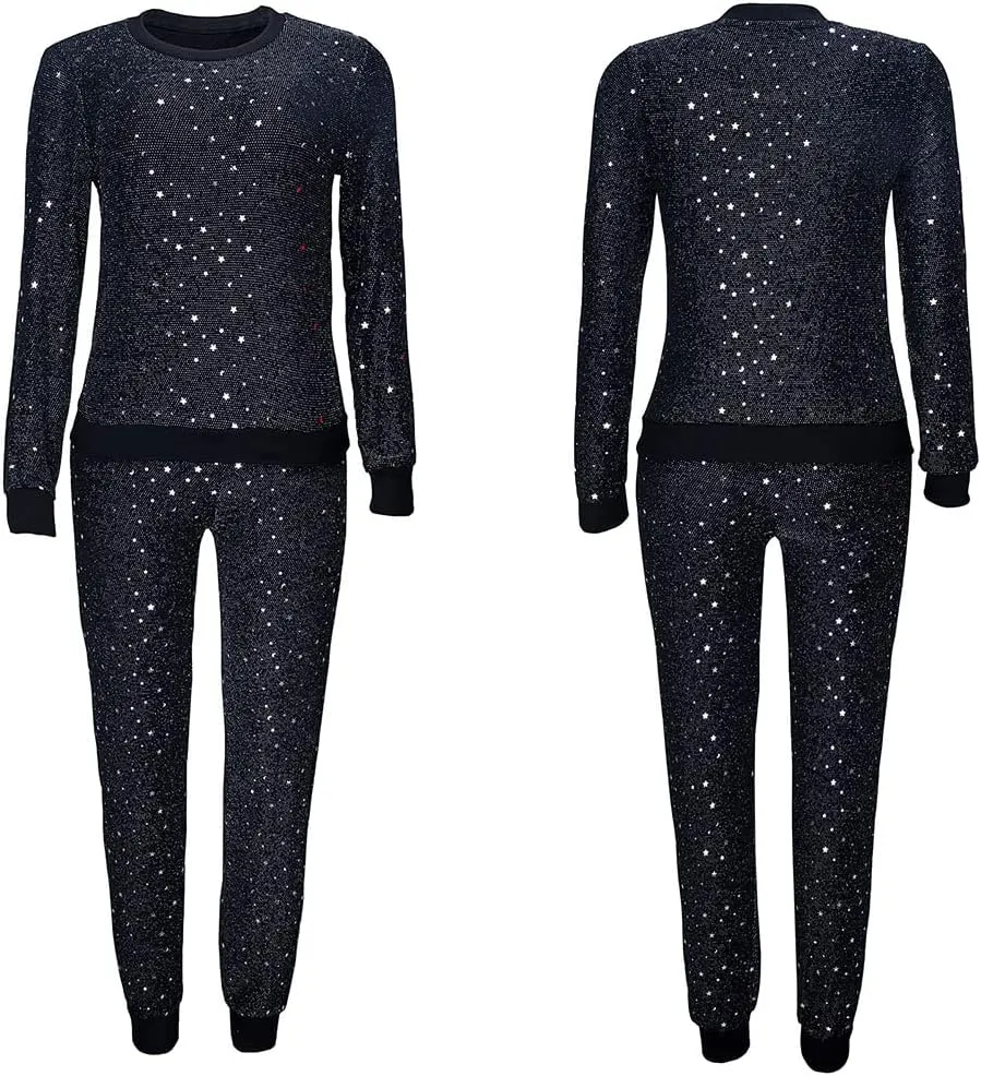 WOKANSE Women's Sequin Glitter Long Sleeve Sweatshirts and Skinny Long Pants Two Piece Outfits