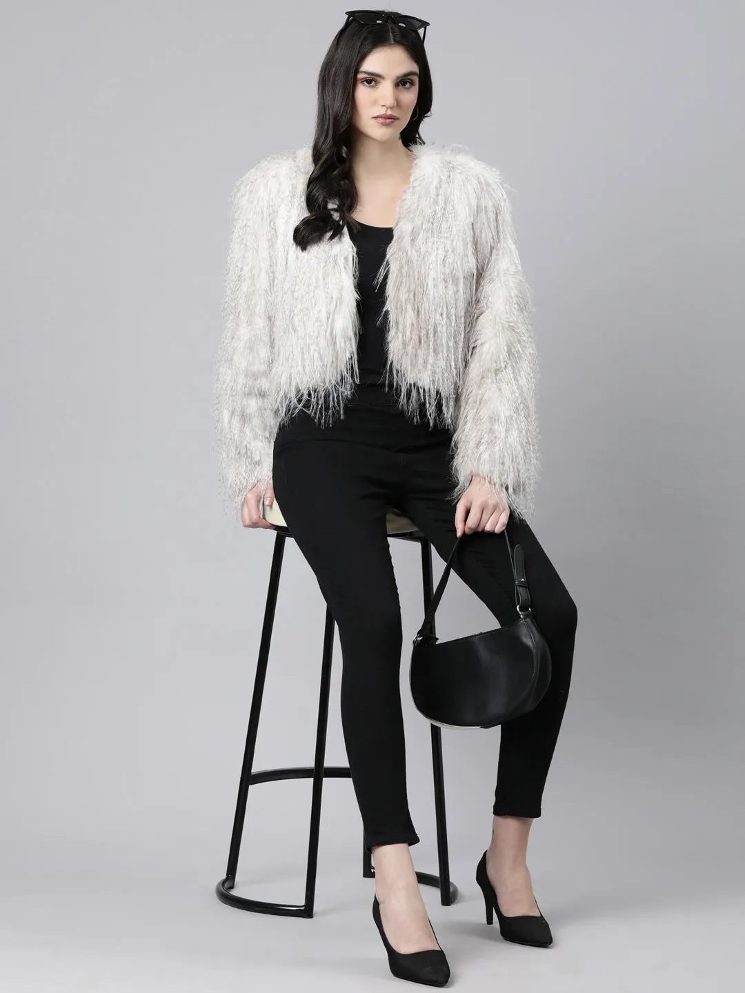 Women Grey Acrylic Longline Shrug