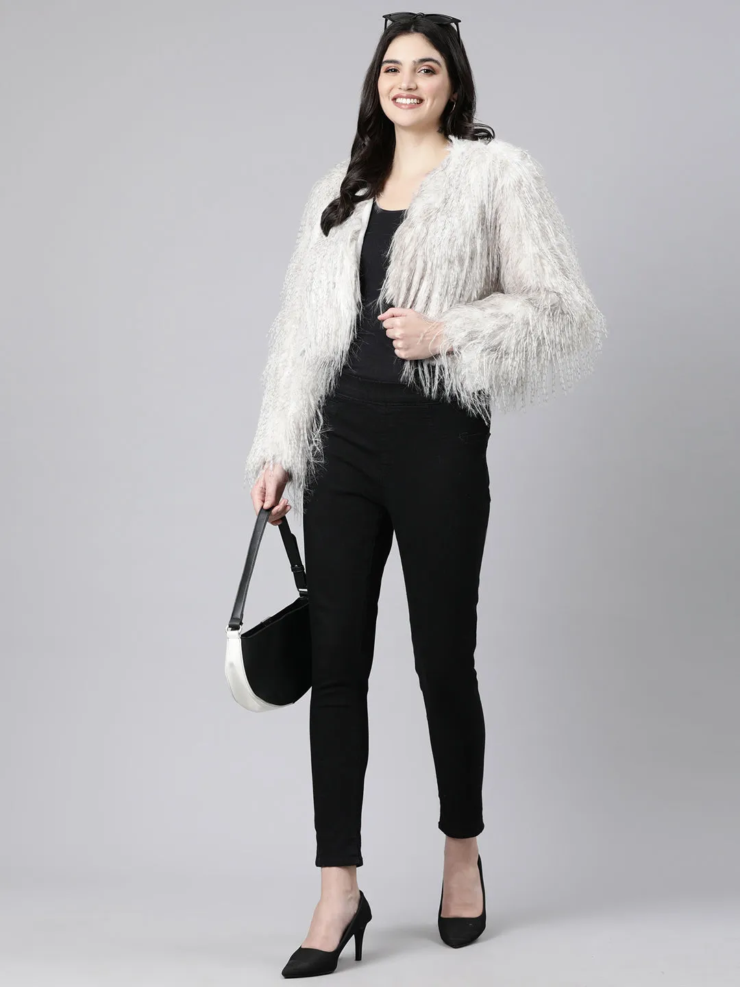 Women Grey Acrylic Longline Shrug