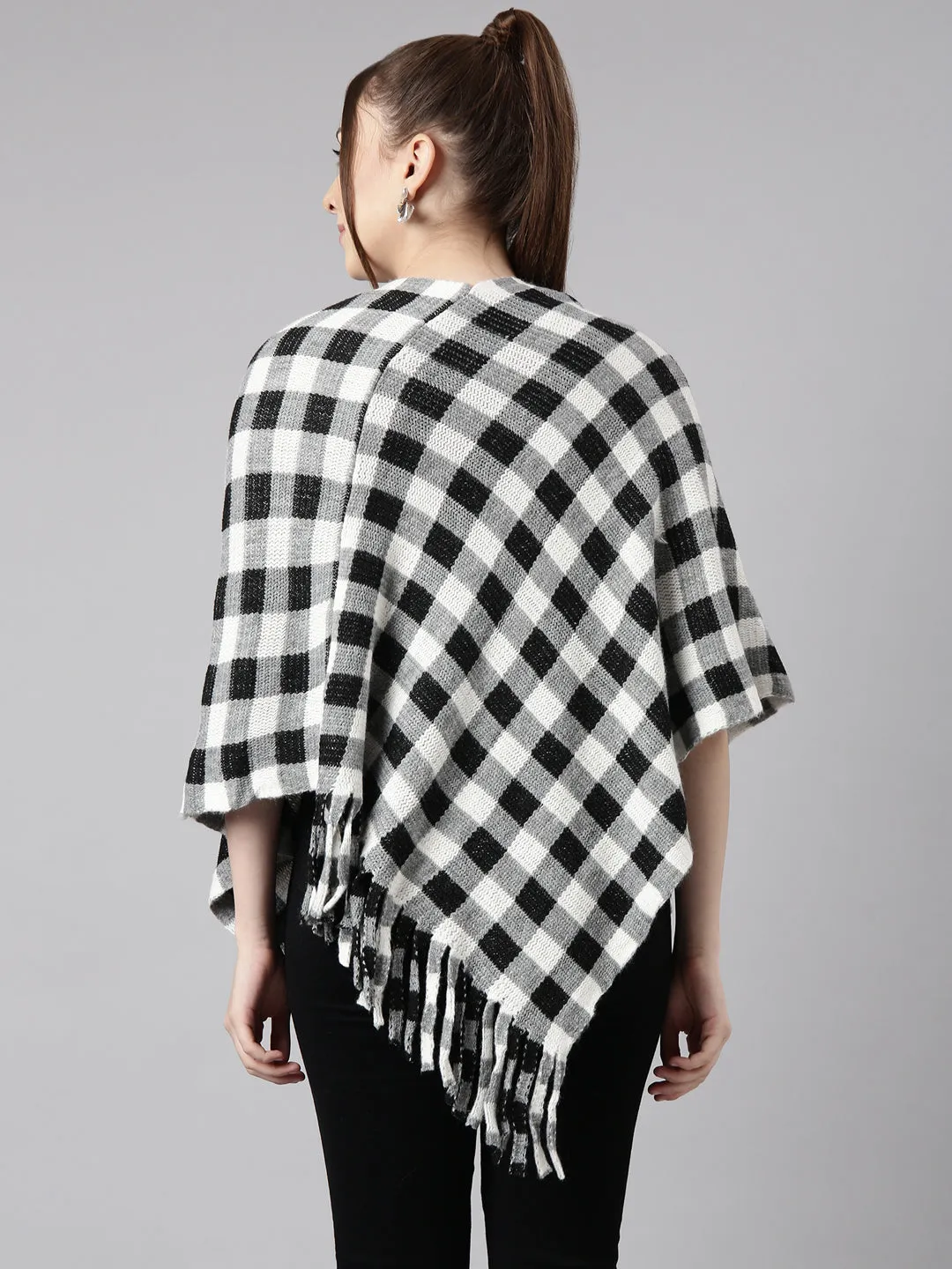 Women Grey Checked Longline Poncho